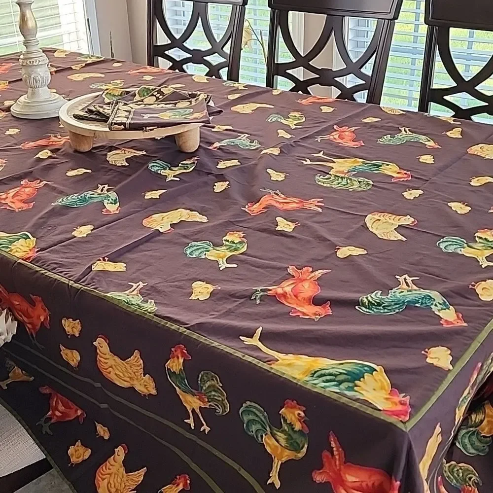 April Cornell Farm House Chicken & Rooster Tablecloth Napkins Chocolate Brown